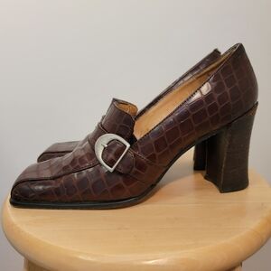 Sacha London vintage platform loafers leather Spain alligator brown buckle y2k